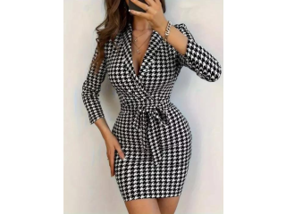 2024 new European design sexy woman grid party dress V-neck knee length hot