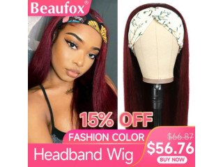 Beaufox Straight Headband Wig Red Headband Wig Human Hair 99j Red Color Straight Hair Hairstyles