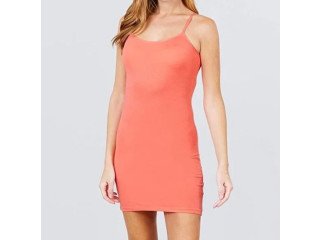 Khanomak Deep Coral Adjustable Spaghetti Straps Scoop Neck Line Bodycon Dress. Size Small to Large