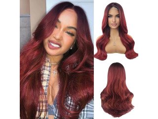 Foufait Wine Red Wig Long Wavy Wigs for Women Body Wave Synthetic Wig Ombre Burgundy Ginger Highlight Middle Part Daily Party