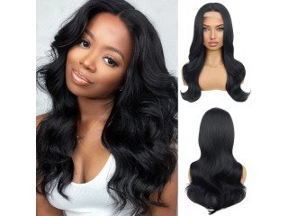 Foufait Black Wig Long Wavy Wigs for Black Women Body Wave Synthetic Wig 22Inch Middle Part Natural Looking Daily Party Use